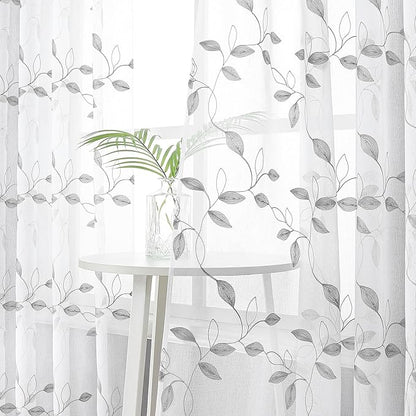 Tollpiz Grey Leaf Sheer Curtain Leaves Embroidered Bedroom Short Curtains Rod Pocket Voile Window Treatments for Living Room, 38 x 45 inches Long, Set of 2 Panels