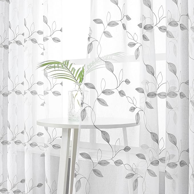 Tollpiz Grey Leaf Sheer Tier Curtain Leaves Embroidered Kitchen Curtains Rod Pocket Voile Bathroom Window Treatment for Cafe, 30 x 36 inches Long, Set of 2 Panels