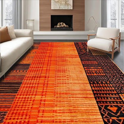 Flatwoven High Traffic Area Rug 6x9, Burnt Orange Copper Fiery Abstract Shape Floor, Non Slip, Stain Resistant, Washable Area Rugs for Living Room, Bedroom (Orange, 6x9)