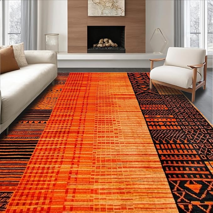 Flatwoven High Traffic Area Rug 4x6, Burnt Orange Copper Fiery Abstract Shape Floor, Non Slip, Stain Resistant, Washable Area Rugs for Living Room, Bedroom (Orange, 4x6)