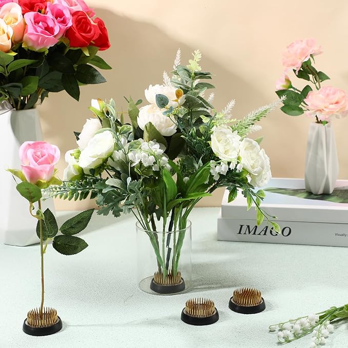Sliner 16 Pieces Floral Frogs 1.57 Inch Round Brass Flower Holder Japanese Ikebana Vase Kenzan Flower Flower Arranger Flower Fixed Tools Pin for Flower Arrangement Home DIY Craft