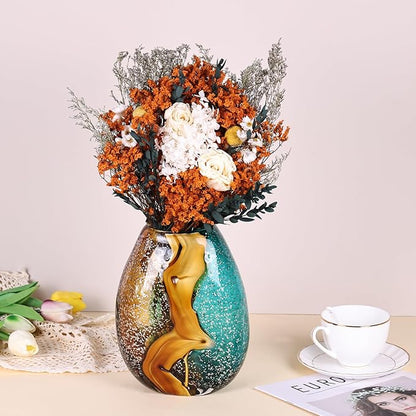 Teal Glass Vase,Hand Blown Green Glass Flower Vases Bulk,Murano Glass Vases,Unique Table Glass Decor, Flowers with Vase Decorative,Teal Vase Decor,for Bookshelf,Living Room,Office,Gift (S)