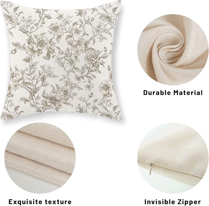 Tan Khaki Pillow Covers 18x18 Set of 2 Vintage Floral Chinoiserie Throw Pillows Rustic Toile Flower Decorative Pillowcase Outdoor Chinoiserie Decor Farmhouse Linen Cushion Case for Couch Sofa