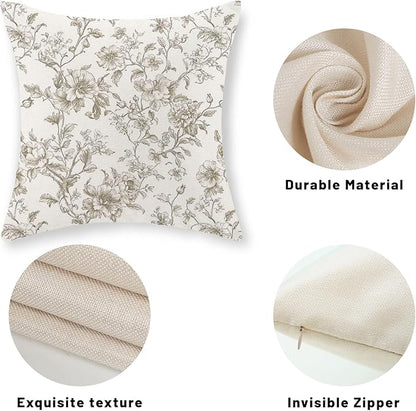 Tan Khaki Pillow Covers 18x18 Set of 2 Vintage Floral Chinoiserie Throw Pillows Rustic Toile Flower Decorative Pillowcase Outdoor Chinoiserie Decor Farmhouse Linen Cushion Case for Couch Sofa