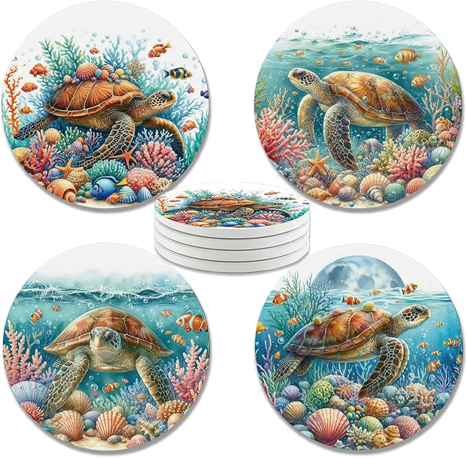 zcyhtqp, Funny Absorbent Round Ceramic Stone Coasters Set of 4 with Cork Base, Sea Turtles Round Ceramic Coasters, Gifts for Home, Kitchen, Bar, Coffee Table, Office Table Décor