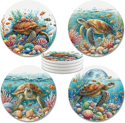 zcyhtqp, Funny Absorbent Round Ceramic Stone Coasters Set of 4 with Cork Base, Sea Turtles Round Ceramic Coasters, Gifts for Home, Kitchen, Bar, Coffee Table, Office Table Décor