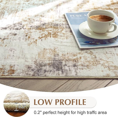 FMFUNCTEX 6x9 Washable Area Rug Brown Grey Neutral Abstract Modern Large Non Slip Carpet for Living Room Bedroom Soft Low Pile Indoor Mat Accent Throw Rug for Dining Kitchen Office Nursery, Grey Gold