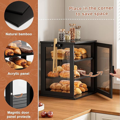 WOWLIVE Black Bread Box for Kitchen Countertop, Large 3 Layers Bread Storage Container for Homemade Bread with Window, Farmhouse Breadbox Organizer for Kitchen, Cabinet, Pantry (Black, Extra Large)