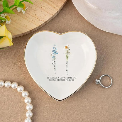 It Takes A Long Time to Grow Old Friends, Personalized Best Friend Jewelry Dish, Custom Names and Birth Month Flowers Ring Dish, Bestie Gifts Long Distance Friendship Gifts