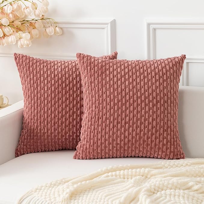 Kevin Textile Throw Pillow Covers Soft Corduroy Decorative Set of 2 Boho Striped Pillow Covers Valentines Day Pillowcases Farmhouse Home Decor for Couch Bed Sofa Living Room 20x20 Inch Blush Pink
