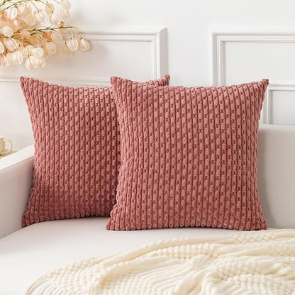 Kevin Textile Throw Pillow Covers Soft Corduroy Decorative Set of 2 Valentines Day Boho Striped Pillow Covers Pillowcases Farmhouse Home Decor for Couch Bed Sofa Living Room 16x16 Inch Blush Pink