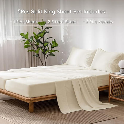MooMee Bedding Sheet Set 100% Washed Cotton Linen Like Textured Breathable Durable Soft Comfy (Solid Cream White, Split King)