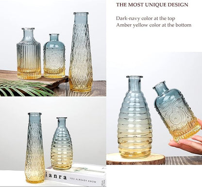 FANTESTICRYAN Baroque Bud Glass Vases Set of 4, Retro Gradient Small Vase Single Flower Mini for Centerpiece Décor, Tabletop, Christmas, Wedding, Housewarming (Blue)