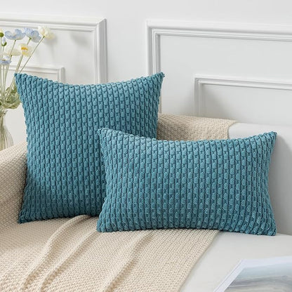 Kevin Textile Throw Pillow Covers Soft Corduroy Decorative Set of 2 Boho Striped Pillow Covers Pillowcases Farmhouse Home Decor for Couch Bed Sofa Living Room 18x18 Inch Light Blue