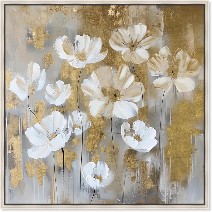 Art Remedy Golden Daisies Canvas Elegant White Gold Wall Art, Silver Frame, 30" x 30"