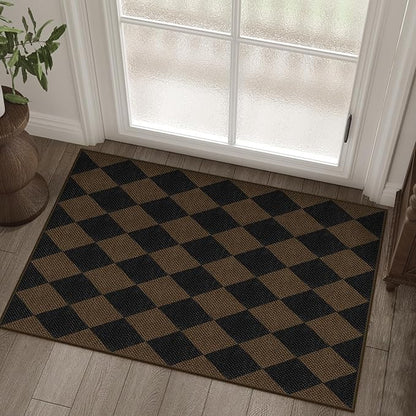 Easy Jute Checkered Entryway Rug, 2x3 Coffee Modern Indoor Outdoor Doormat, Washable Non-Slip Neutral Small Kitchen Rug Farmhouse Diamond Throw Rugs for Entrance Bedroom Bathroom