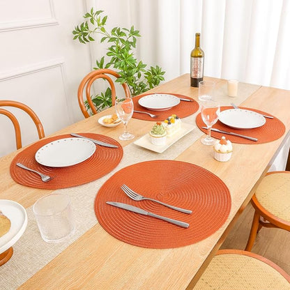 SHACOS Round Placemats Set of 4 for Dining Table Autumn Fall Round Braided Place Mats Washable Non Slip Kitchen Table Mats Decor, Bright Orange