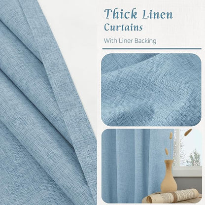 LAMIT Stone Blue 100% Blackout Linen Curtains, 63 Inches Linen Textured Thermal Bedroom Curtains Back Tab and Rod Pocket Neutral Panels with White Liner for Farmhouse, 2 Panels, 38 x 63 Inch