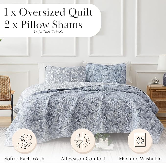 Southshore Fine Living, Inc. Paisley Quilt Queen Size Bedding Set, Full Size Quilted Coverlet, Boho Bedspreads Queen Size Set with Two Matching Pillow Shams, Full/Queen, Reversible Blue