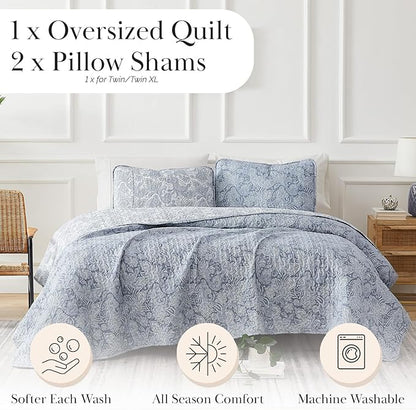 Southshore Fine Living, Inc. Twin XL Quilt Bedding Set, Dorm Bedding Essentials, 2-Sided Reversible, Stain Resistant, Machine Washable Paisley Bedspread, Twin XL Comforter w/Pillow Sham, Paisley Blue
