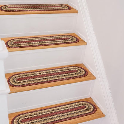 Homespice Highland Jute Braided Staircase Step Treads, Country Lodge Decor, Set of 13, Multicolor 8x28 Oval Rug for Stairs - Easy to Clean, Tightly Stitched and Durable