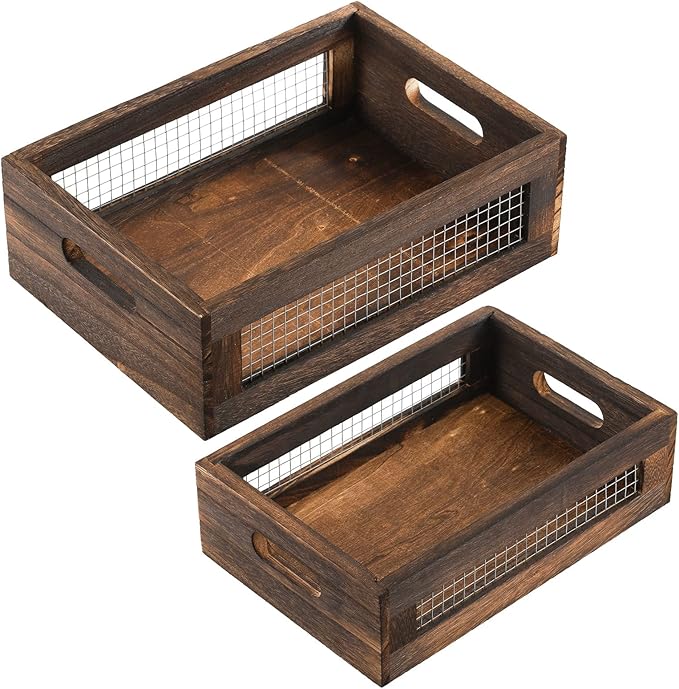 Dicunoy Set of 2 Rustic Nesting Boxes, Wooden Organizer Crates Basket, Small Decorative Wood Wire Containers with Handle for Countertop, Fruit, Veggies, Kitchen, Bathroom, Pantry Storage, Gift Basket