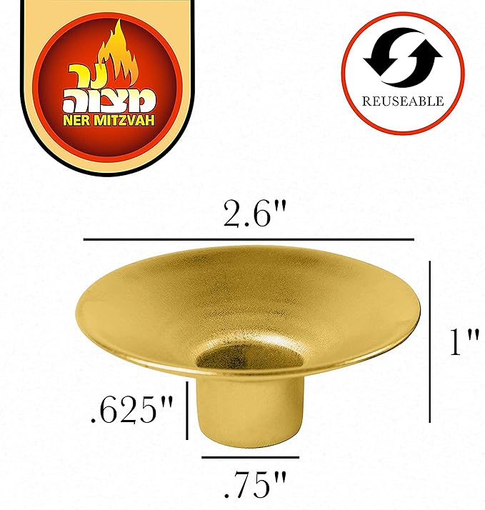 Ner Mitzvah Reusable Metal Candlestick Liners and Drip Guards - Safety Pin Holds Candles in Place - Nickel Plated Protector Bobeches - Gold - 2 Pack