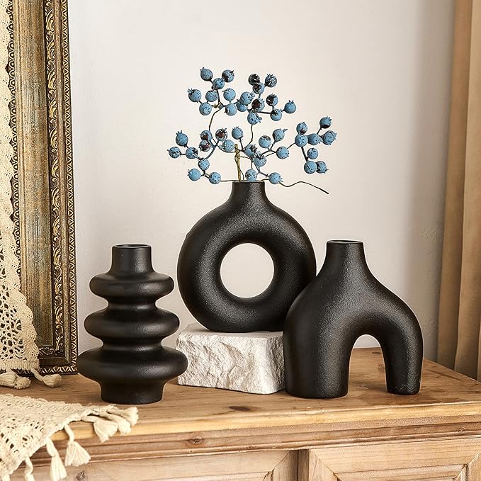 Black Ceramic Vase Set of 3, Small Flower Vases for Pampas Grass, Modern Boho Vase for Decor, Round Black Vases Centerpieces for Wedding Living Room Bedroom Coffee Table Entryway