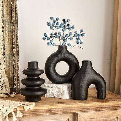 Black Ceramic Vase Set of 3, Small Flower Vases for Pampas Grass, Modern Boho Vase for Decor, Round Black Vases Centerpieces for Wedding Living Room Bedroom Coffee Table Entryway