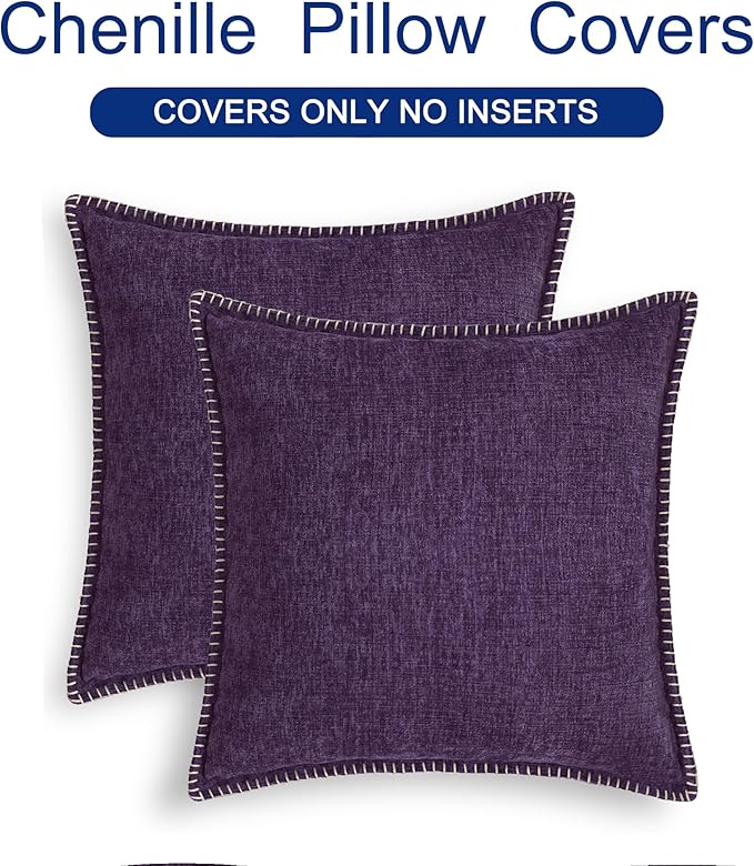 CaliTime Throw Pillow Covers Decorative 16 X 16 Inches Pack of 2 Cotton Thread Stitching Edges Solid Dyed Soft Chenille Cushion Cases for Couch Sofa Bed Living Room Farmhouse Plum Purple