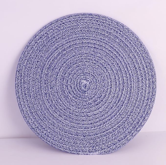 6Pcs Woven Placemats, Mix Blue Cotton Rope Woven Vintage Place Mats, 13.8'' Round Plate Chargers Wicker Tablemats Farmhouse Boho Braided Heat Resistant Outdoor Placemat for Patio Table Decor