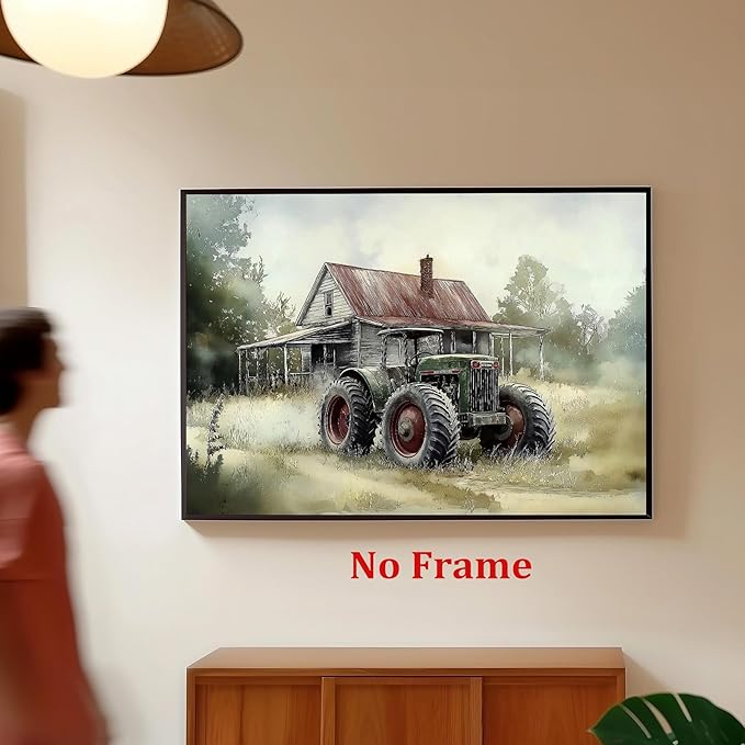 Vintage Tractor Pictures Farmhouse Truck Wall Art Rustic Farmhouse Painting Old Barn Posters Vintage Country Paintings Modern Farm Prints Green Tractor Pictures for Living Room 16x24in No Frame