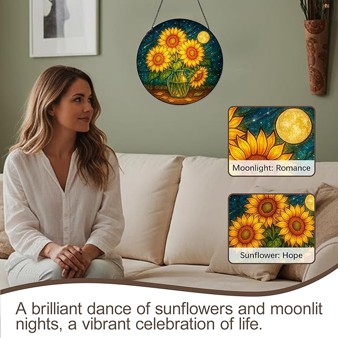 Stained Glass Window Hanging,Sunflower Sun Catchers Stained Glass Panels for Indoor Windows Wall Art Decor, Memorial Gift for Mom Women Wife Men Lovers (11.8inch)