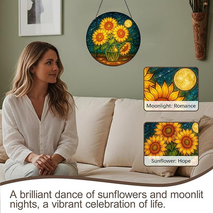 Stained Glass Window Hanging,Sunflower Sun Catchers Stained Glass Panels for Indoor Windows Wall Art Decor, Memorial Gift for Mom Women Wife Men Lovers (11.8inch)