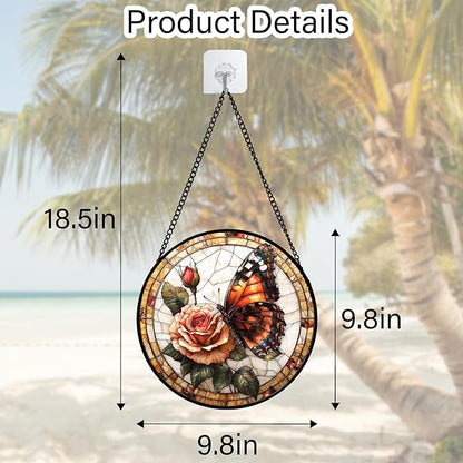 DASTOLL Stained Glass Window Hanging, Butterfly Picking Flowers Suncatcher for Doors Home Sun Catchers Decoration and Christmas, Mother's Day Birthday Gifts for Women, Men, and Mom 9.8 in