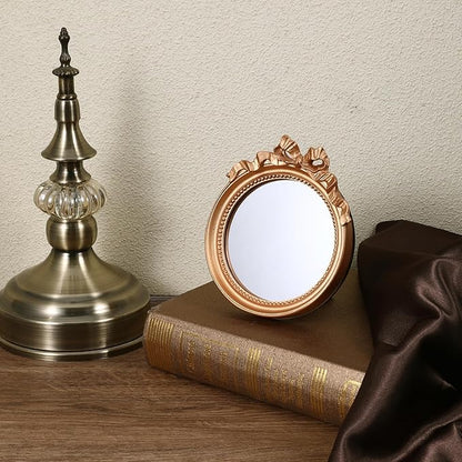 Small Wall Mirror 4.2'' Gold Vintage Makeup Desk Mirror Traditional Roundness Table Mirror Antique Mirror with Resin Frame Decorative Hanging Mirror for Bedroom Bathroom Tabletop Wall