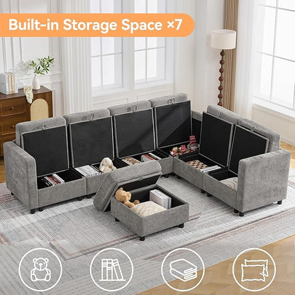 104'' V Shaped Modular Sofa, Sectional Couch with Storage for Living Room, Modern 7 Seater Cloud Sectional Couch with Movable Ottoman, Chenille Grey