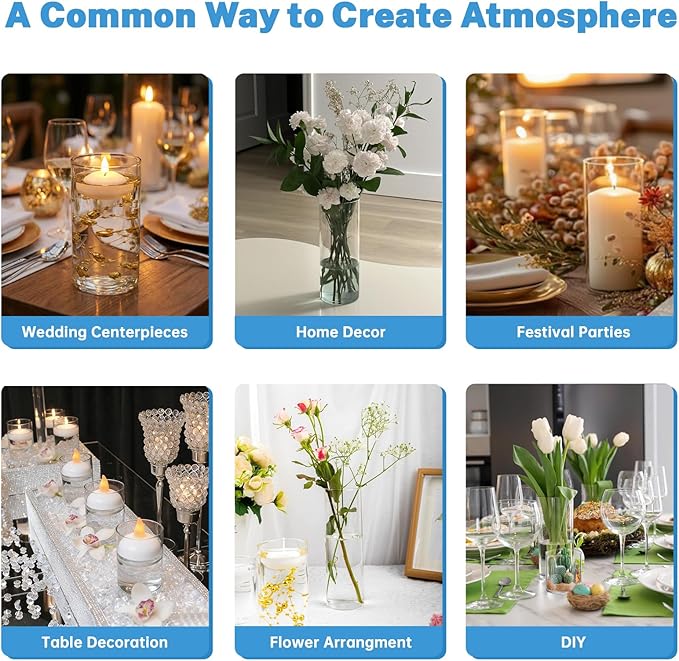 9Pcs Glass Cylinder Vases with Floating Candles for Centerpieces, 1150 Acrylic Fake Ice Cubes 12 Pearl String Vase Filler Floating Candle Holder Centerpieces for Tables Party Event Wedding Home Decor