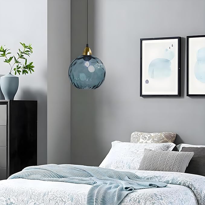 20cm/7.9’’ Industrial Vintage Spherical Glass Pendant Light, E26 Ceiling Hanging Lamp, Gold Finish & Ripple Glass Globe Shade, Dining Room Bedroom Chandelier (Dark Blue)