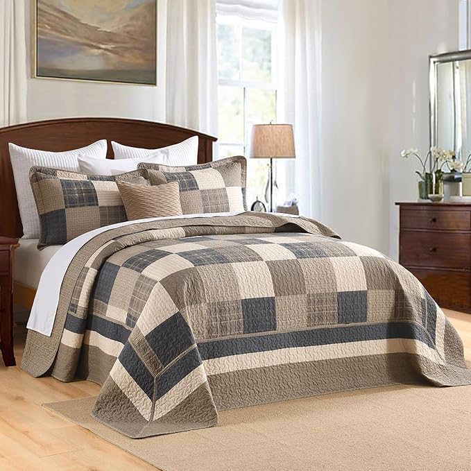 Finlonte 102"x120" Oversized Queen Bedspread - 100% Cotton Lightweight Quilted Bedspreads Coverlet Set, Farmhouse Plaid Bedding Reversible Oversized Queen Quilt with 2 Pillow Shams, Brown/Beige/Cream