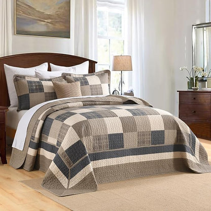 Finlonte 102"x120" Oversized Queen Bedspread - 100% Cotton Lightweight Quilted Bedspreads Coverlet Set, Farmhouse Plaid Bedding Reversible Oversized Queen Quilt with 2 Pillow Shams, Brown/Beige/Cream
