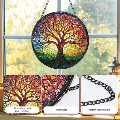 Rngmsi Tree of Life Sun Catchers Stain Glass Window Hanging Indoor, 7.8″ Stained Glass Window Hanging Home Decor, Suncatcher Wall Art Gift for Women Thanksgiving Christmas Housewarming