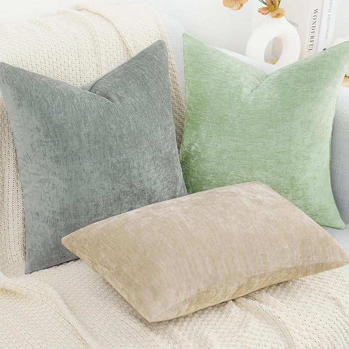 decorUhome Chenille Beige Spring Throw Pillow Covers 24x24 Inch Set of 2, Decorative Soft Couch Pillow Covers Solid Dyed Accent Farmhouse Neutral Square Pillow Cases for Sofa