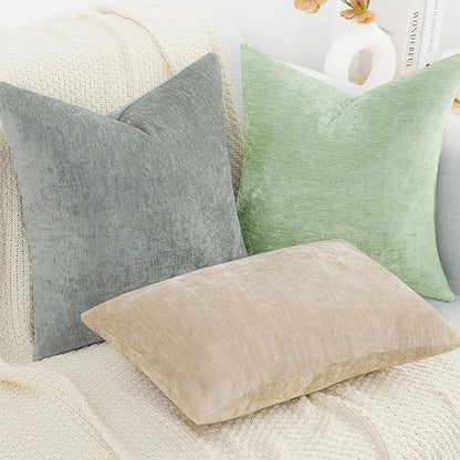decorUhome Chenille Beige Spring Throw Pillow Covers 24x24 Inch Set of 2, Decorative Soft Couch Pillow Covers Solid Dyed Accent Farmhouse Neutral Square Pillow Cases for Sofa