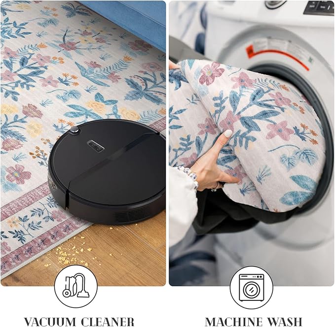 Boho Floral Machine Washable Runner Rug 2x6, Blush Pink Kitchen Runner Rug Non-Slip, Super Thin Hallway Rug Runner Printed Faux Wool Soft Carpet for Entryway Bedroom Laundry Indoor