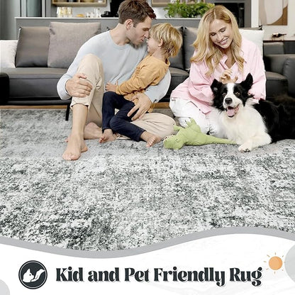 5x7 Area Rugs for Living Room, Washable Modern Abstract Large Area Rug Neutral Soft Non Slip Kids Rug Stain Resistant Indoor Carpet for Bedroom Nursery Dining Room Home Office(Grey, 5'x7')