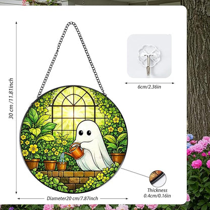 Rngmsi Stained Glass Window Hanging, 7.8″ Ghost Sun Catchers Art Decor Indoor Window, Decorative Suncatchers Hanging Ornaments Home Garden Gift for Plant Lover Housewarming
