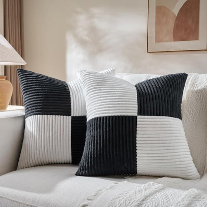Fancy Homi Set of 2 Black White Big Decorative Throw Pillow Covers 24x24 Inch for Couch Bed Sofa, Modern Farmhouse Boho Home Decor, Soft Cross Corduroy Patchwork Accent Square Cushion Case 60x60 cm