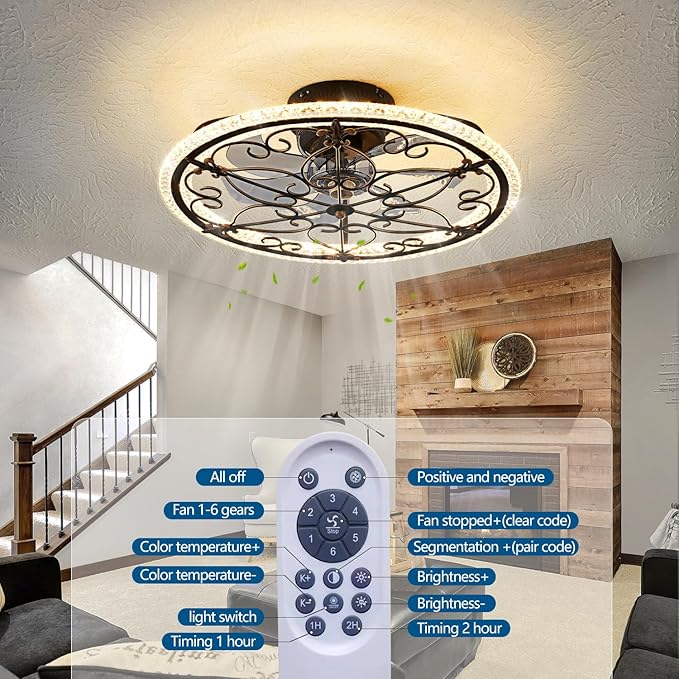 Rustic Black Caged Ceiling Fan with Light, Farmhouse Caged Ceiling Fan with Remote, LED Low Profile Ceiling Light for Bedroom Kitchen Living Room