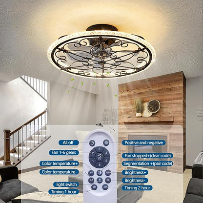 Rustic Black Caged Ceiling Fan with Light, Farmhouse Caged Ceiling Fan with Remote, LED Low Profile Ceiling Light for Bedroom Kitchen Living Room